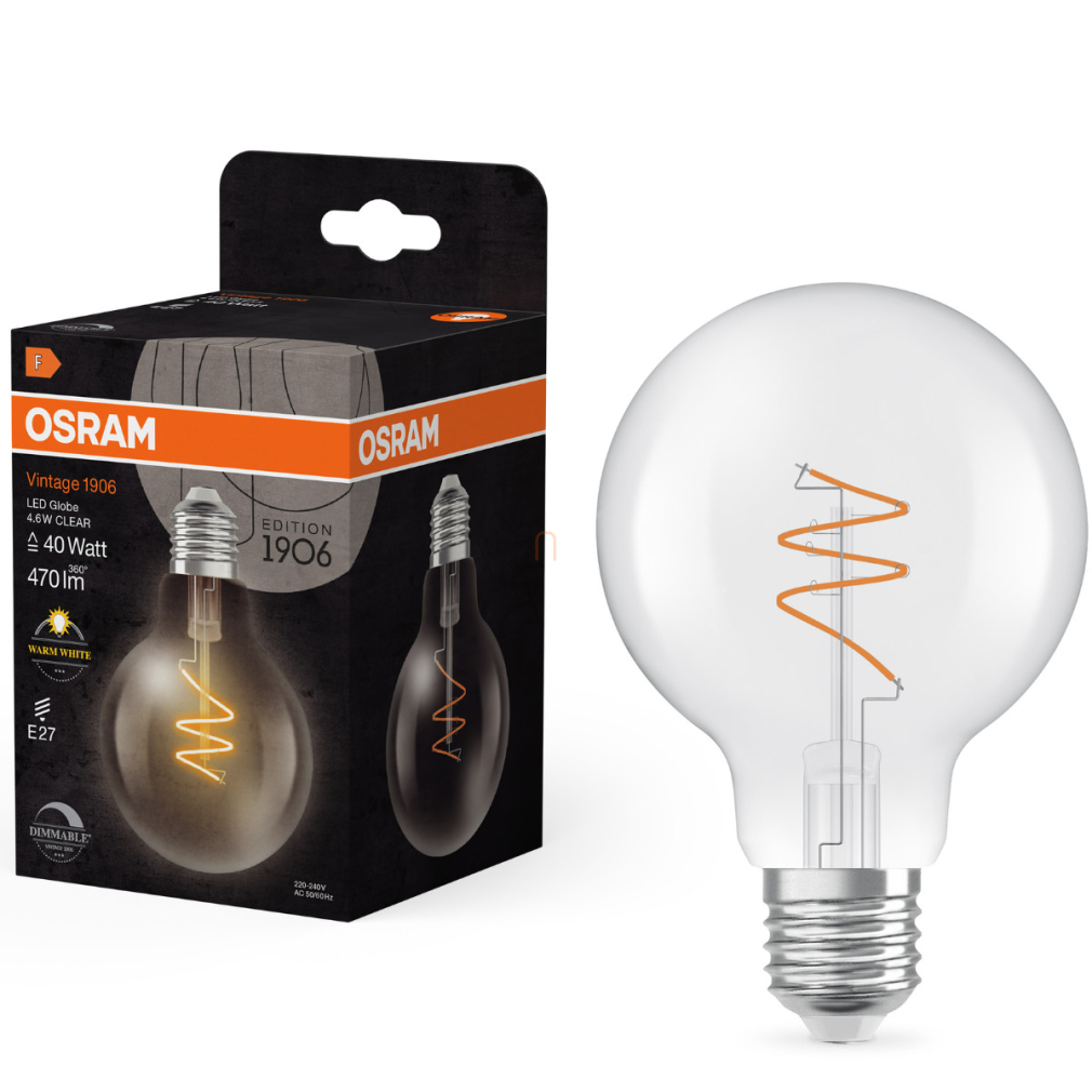 Osram E27 LED Vintage, 4,6W, 470 lm, 2700 K, melegfehér, dimmelhető, áttetsző üveg-40 W izzó helyett - Vintage 1906 Classic G80