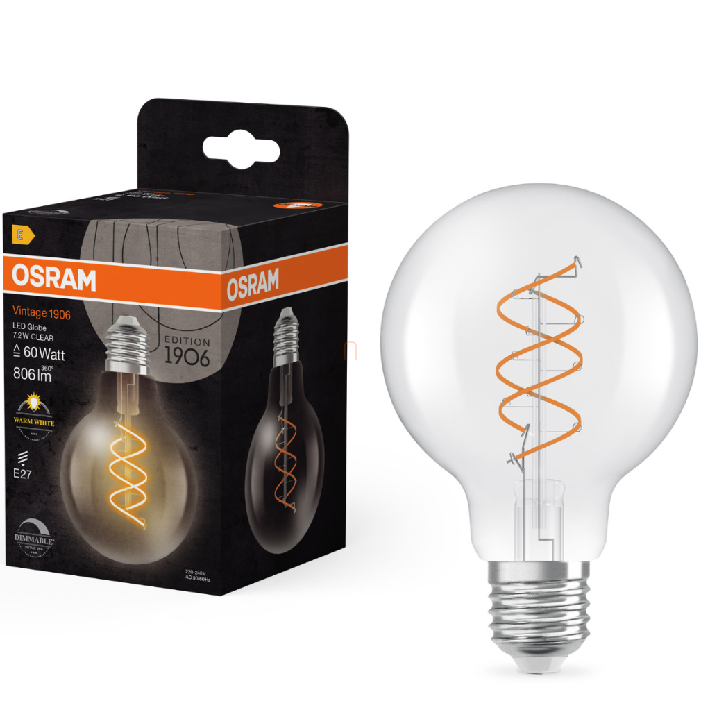 Osram E27 LED Vintage, 7,2W, 806 lm, 2700 K, melegfehér, dimmelhető, áttetsző üveg-60 W izzó helyett - Vintage 1906 Classic G80