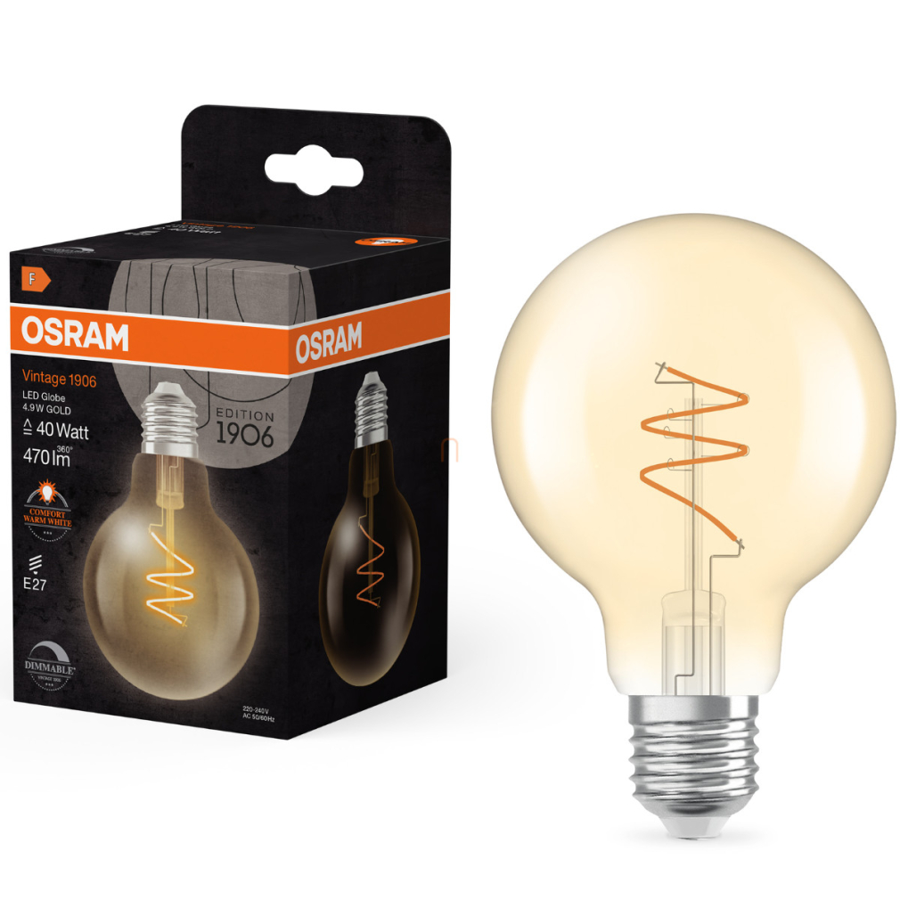Osram E27 LED Vintage, 4,9W, 470 lm, 2200 K, candlelight, dimmelhető, arany színű színű üveg-40 W izzó helyett - Vintage 1906 Classic Filament Spiral