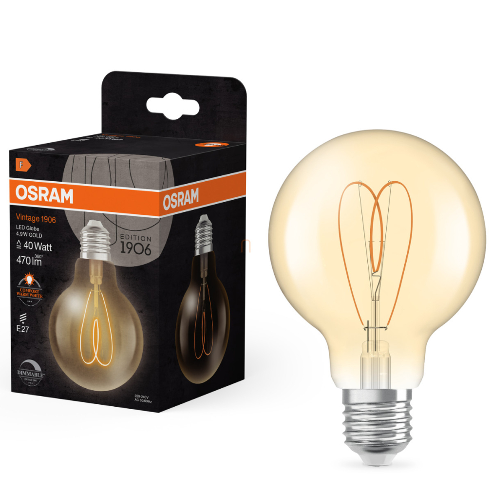 Osram E27 LED Vintage, 4,9W, 470 lm, 2200 K, candlelight, dimmelhető, arany színű színű üveg-40 W izzó helyett - Vintage 1906 Classic Heart Filament