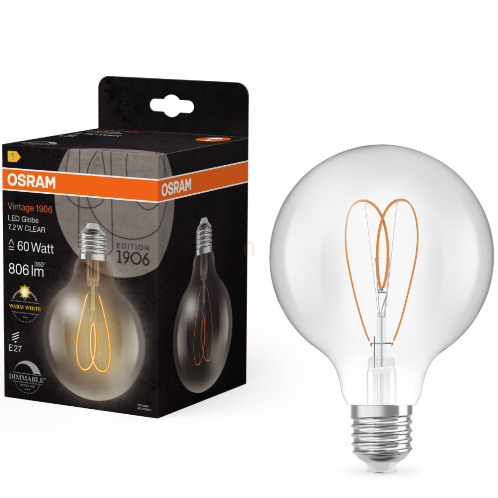Osram E27 LED Vintage, 7,2W, 806 lm, 2700 K, melegfehér, dimmelhető, áttetsző üveg-60 W izzó helyett - Vintage 1906 Classic G95 Clear