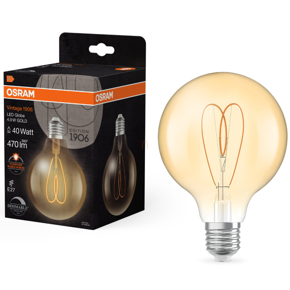 Osram E27 LED Vintage, 4,9W, 470 lm, 2200 K, candlelight, dimmelhető, arany színű színű üveg-40 W izzó helyett - Vintage 1906 Classic Heart Filament G95 Gold