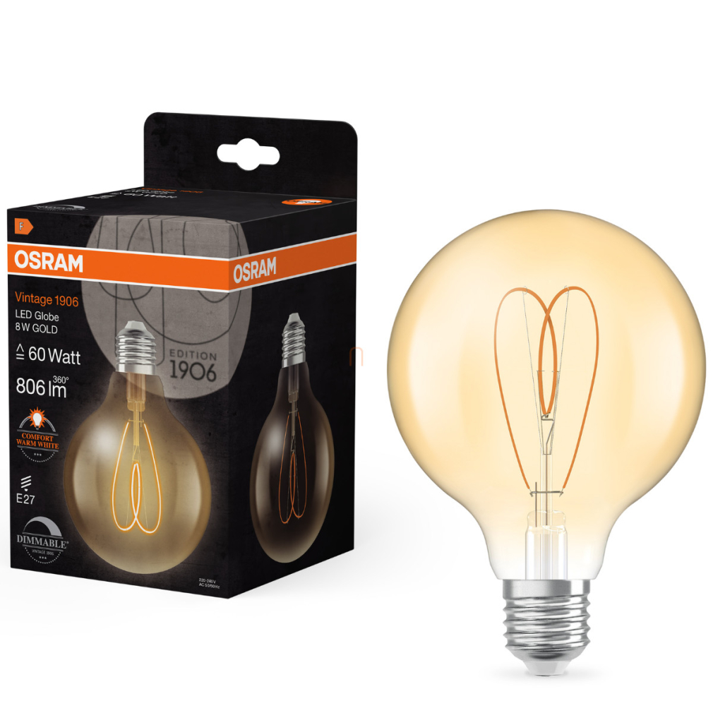 Osram E27 LED Vintage, 8W, 806 lm, 2200 K, candlelight, dimmelhető, arany színű színű üveg-60 W izzó helyett - Vintage 1906 Classic Heart Filament G95 Gold