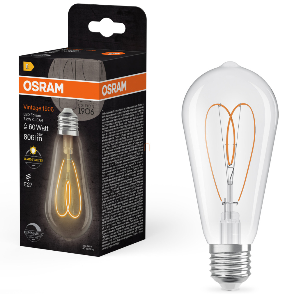 Osram E27 LED Vintage, 7,2W, 806 lm, 2700 K, melegfehér, dimmelhető, áttetsző üveg-60 W izzó helyett - Vintage 1906 Classic ST64 