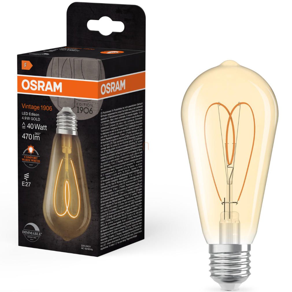 Osram E27 LED Vintage, 4,9W, 470 lm, 2200 K, candlelight, dimmelhető, arany színű színű üveg-40 W izzó helyett - Vintage 1906 Classic Heart Filament ST64