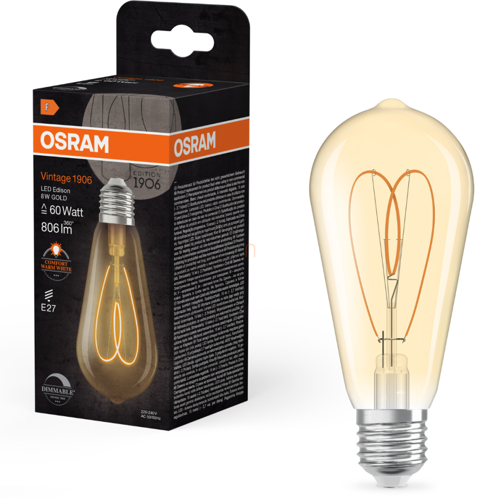 Osram E27 LED Vintage, 8W, 806 lm, 2200 K, candlelight, dimmelhető, arany színű színű üveg-60 W izzó helyett - Vintage 1906 Classic Classic Heart Filament ST64