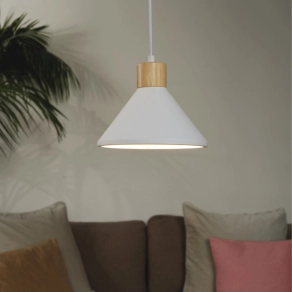   Ledvance Decor Plaster Wood Pendant – Fehér gipsz függesztett lámpa fa dekorációval, 220 mm átmérő, E27 foglalat, 25W maximális teljesítmény