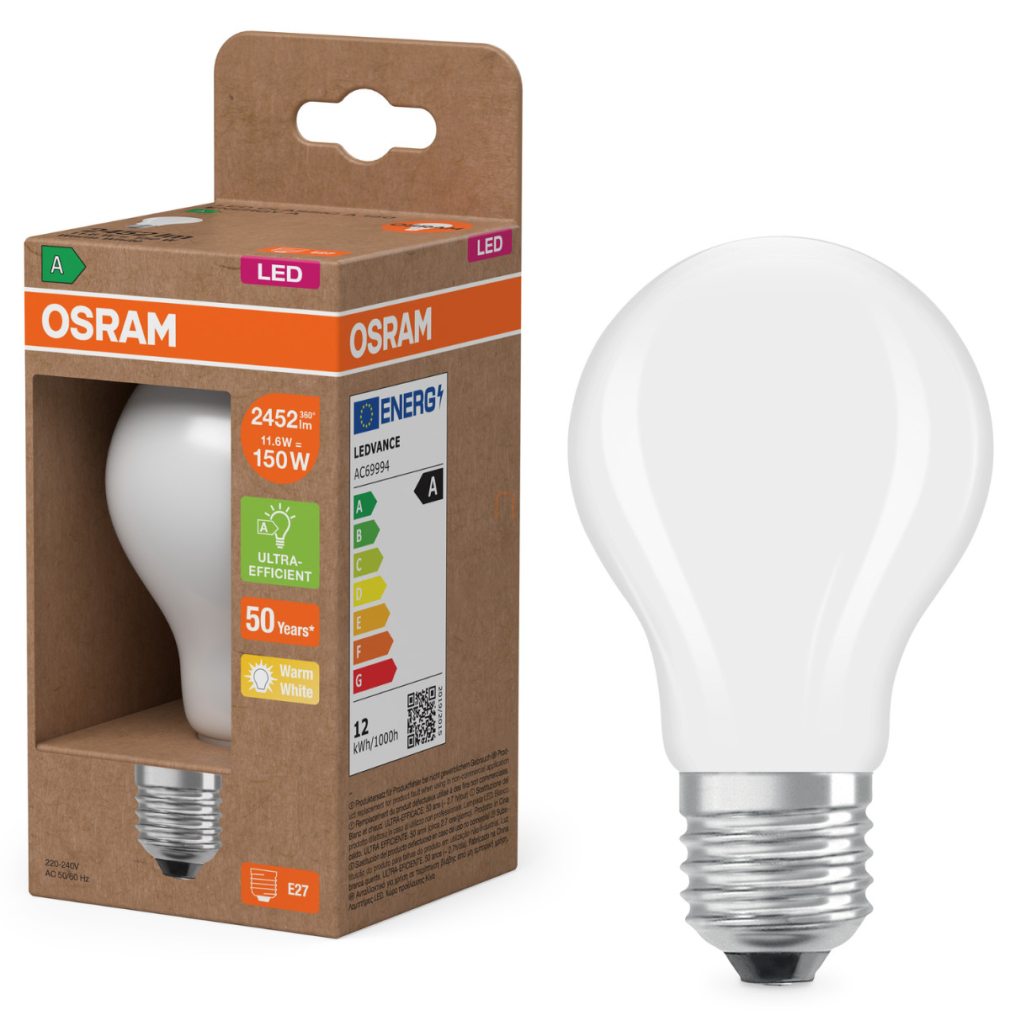 Osram E27 LED 11,6W, 2452 lm, 2700 K, melegfehér, opál üveg-150 W normál izzó helyett - Superstar+ Classic A