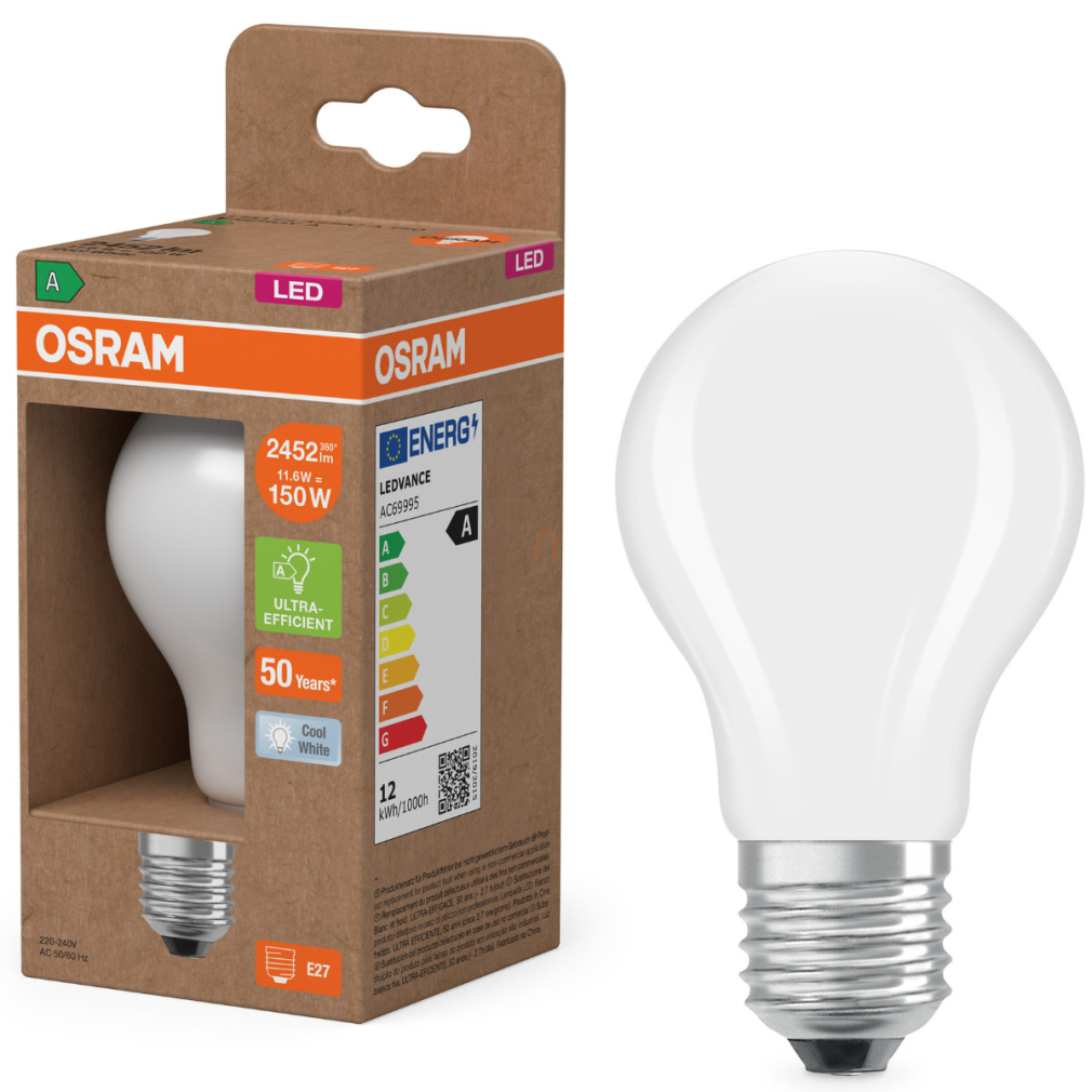 Osram E27 LED 11,6W, 2452 lm, 4000 K, hidegfehér, opál üveg-150 W normál izzó helyett - Superstar+ Classic A