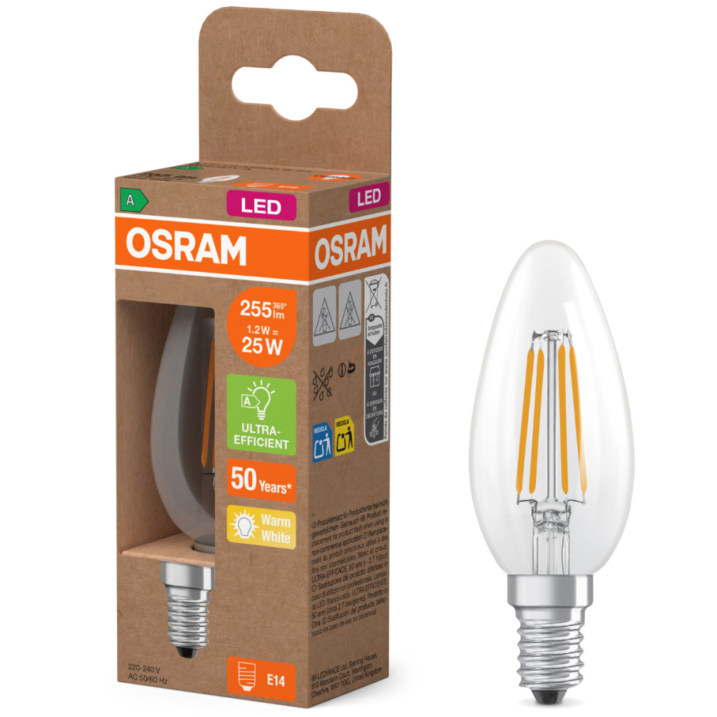 Osram E14 LED gyertya, 1,2W, 255 lm, 2700 K, melegfehér, áttetsző üveg-25 W izzó helyett - Superstar+ Classic B filament