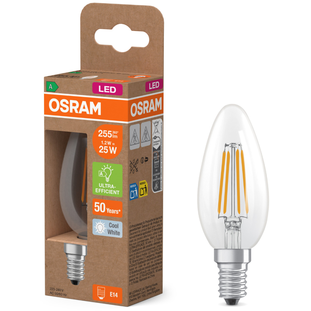 Osram E14 LED gyertya, 1,2W, 255 lm, 4000 K, hidegfehér, áttetsző üveg-25 W izzó helyett - Superstar+ Classic B filament