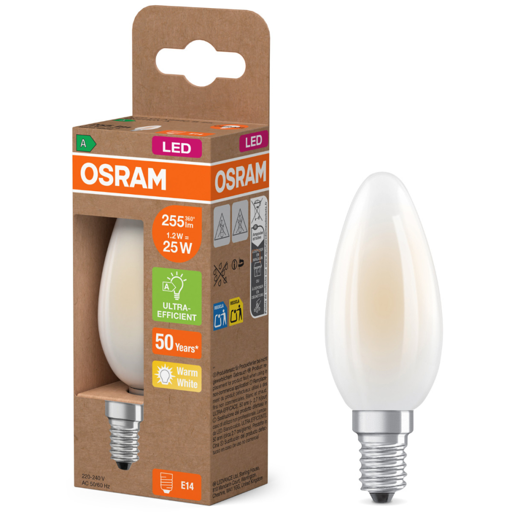 Osram E14 LED gyertya, 1,2W, 255 lm, 2700 K, melegfehér, opál üveg-25 W izzó helyett - Superstar+ Classic B