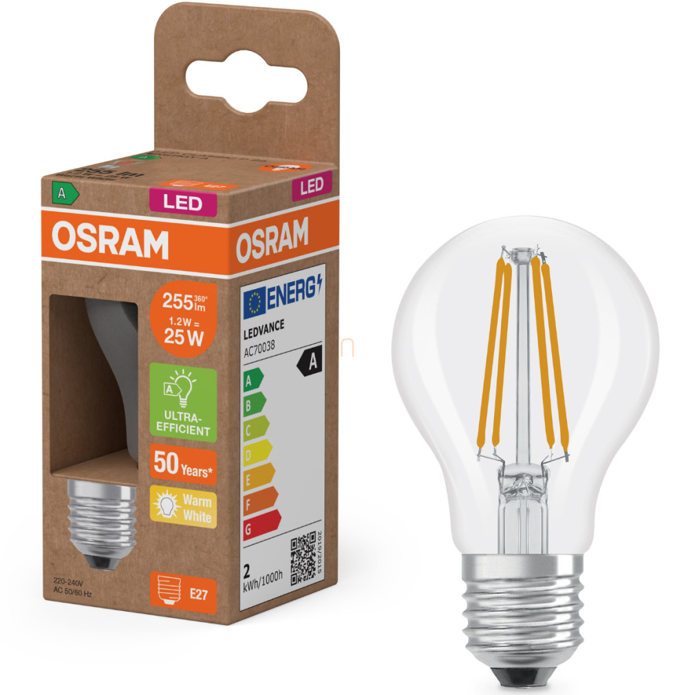 Osram E27 LED kisgömb, 1,2W, 255 lm, 2700 K, melegfehér, áttetsző üveg-25 W izzó helyett - Superstar+ Classic P filament