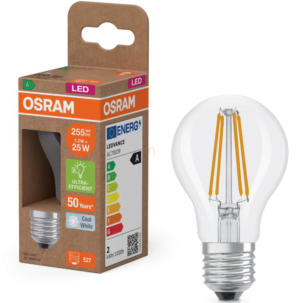Osram E27 LED kisgömb, 1,2W, 255 lm, 4000 K, hidegfehér, áttetsző üveg-25 W izzó helyett - Superstar+ Classic P filament
