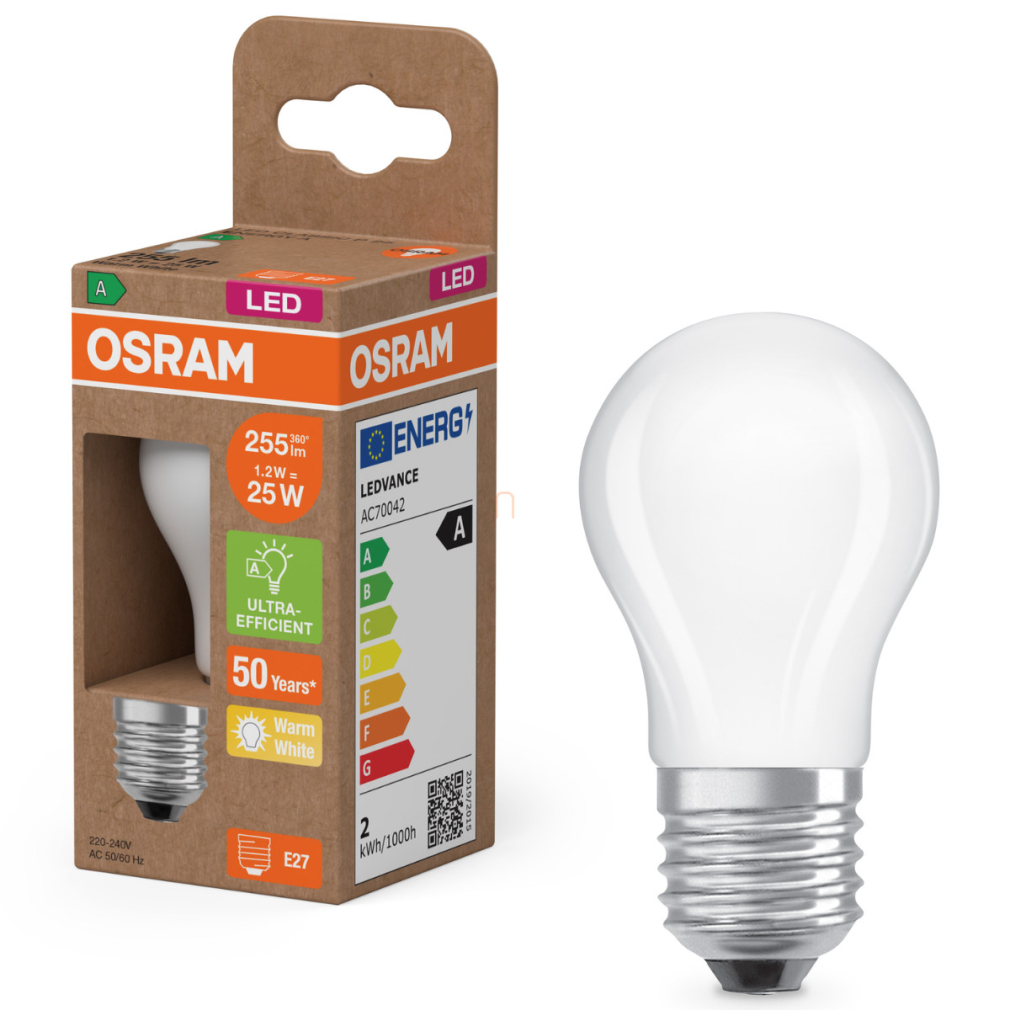 Osram E27 LED kisgömb, 1,2W, 255 lm, 2700 K, melegfehér, opál üveg-25 W izzó helyett - Superstar+ Classic P 