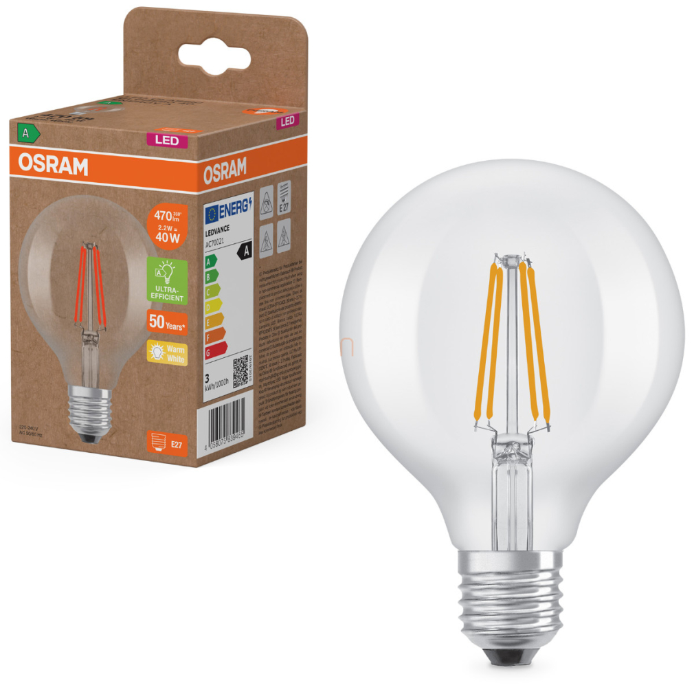 Osram E27 LED nagygömb, 2,2W, 470 lm, 2700 K, melegfehér, áttetsző üveg-40 W izzó helyett - Superstar+ Classic Globe filament