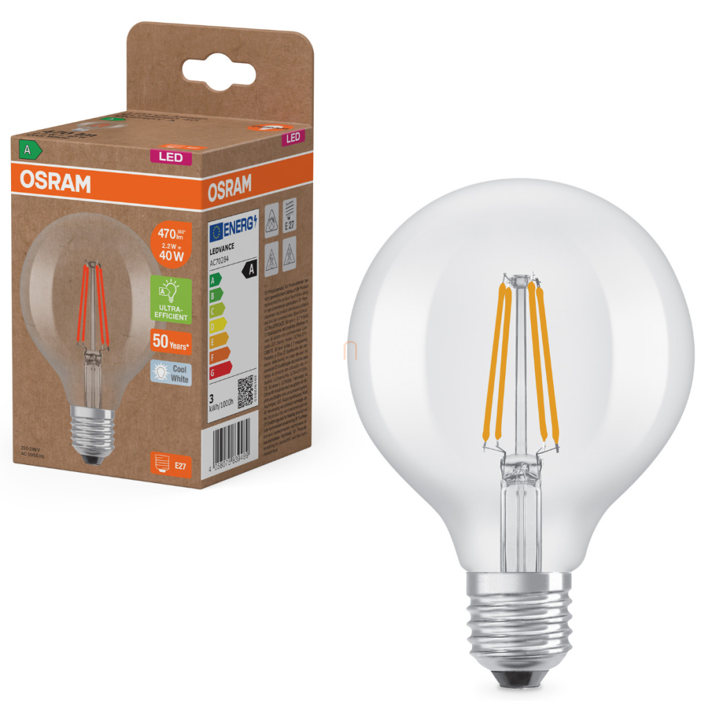 Osram E27 LED nagygömb, 2,2W, 470 lm, 4000 K, hidegfehér, áttetsző üveg-40 W izzó helyett - Superstar+ Classic Globe filament