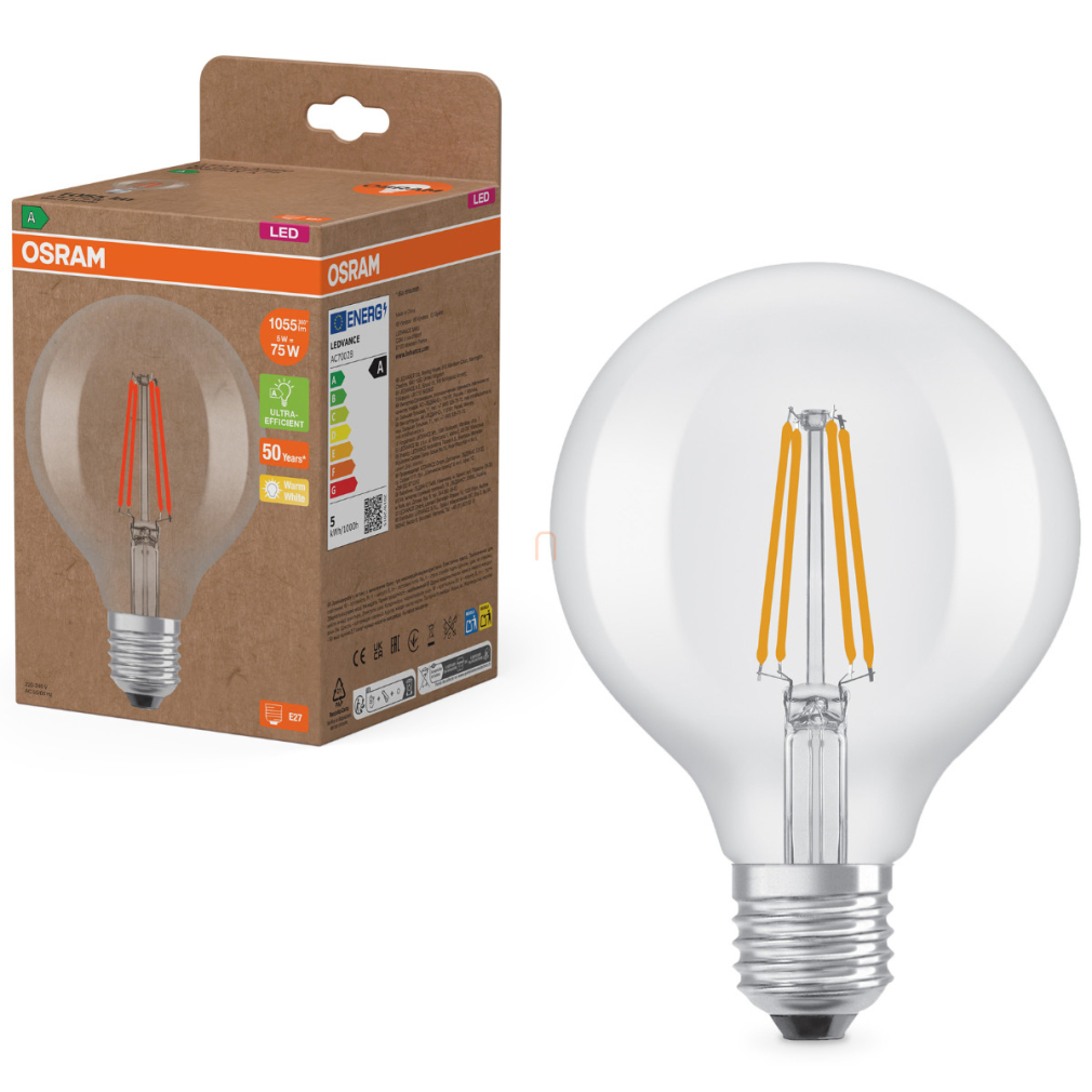 Osram E27 LED nagygömb, 5W, 1055 lm, 2700 K, melegfehér, áttetsző üveg-75 W izzó helyett - Superstar+ Classic Globe95 filament