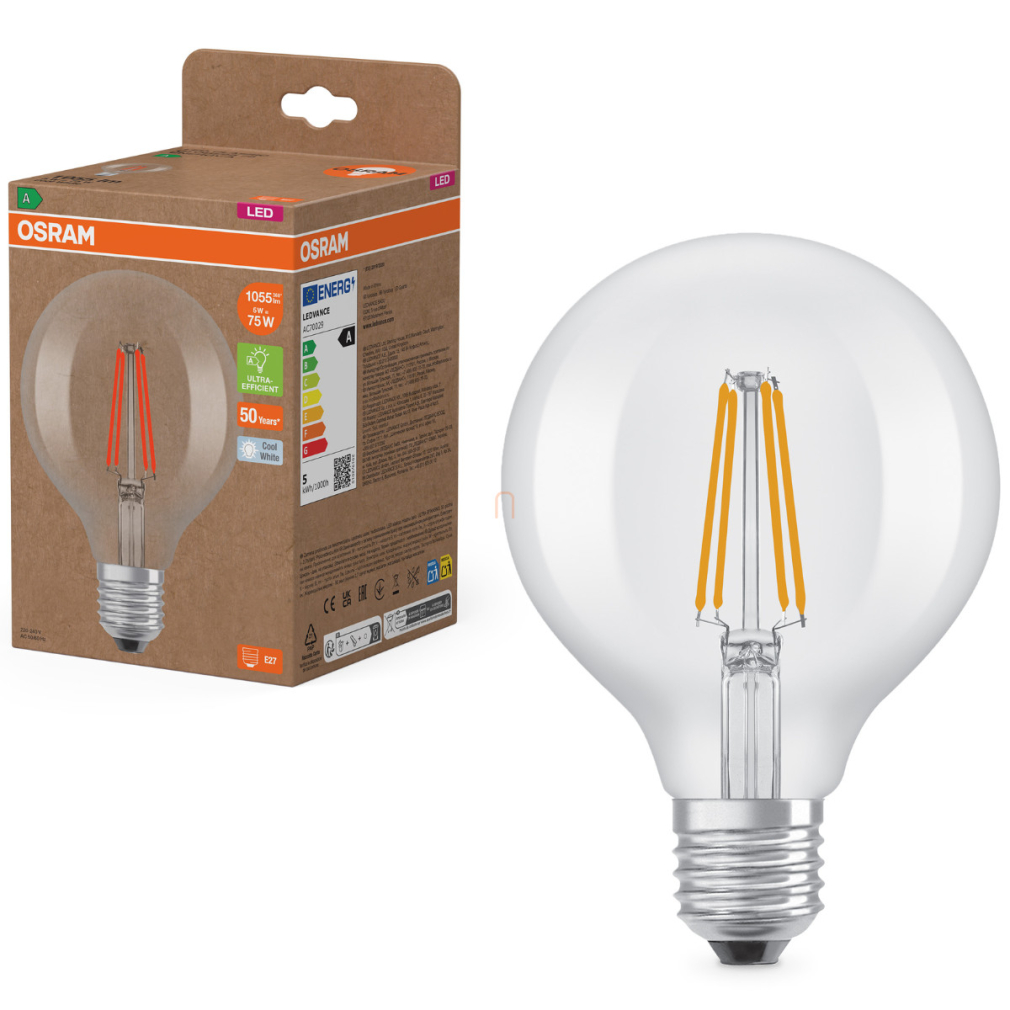Osram E27 LED nagygömb, 5W, 1055 lm, 4000 K, hidegfehér, áttetsző üveg-75 W izzó helyett - Superstar+ Classic Globe95 filament