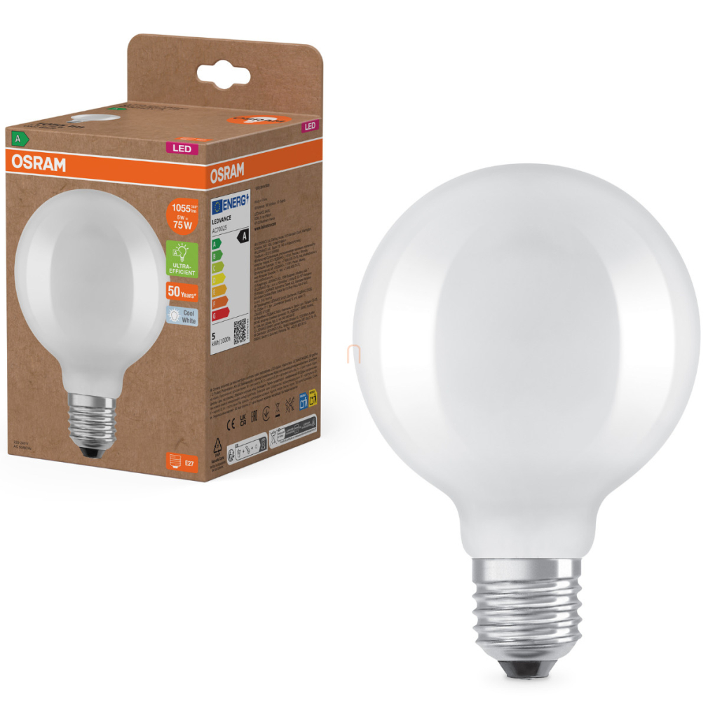 Osram E27 LED nagygömb, 5W, 1055 lm, 4000 K, hidegfehér, opál üveg-75 W izzó helyett - Superstar+ Classic Globe95 