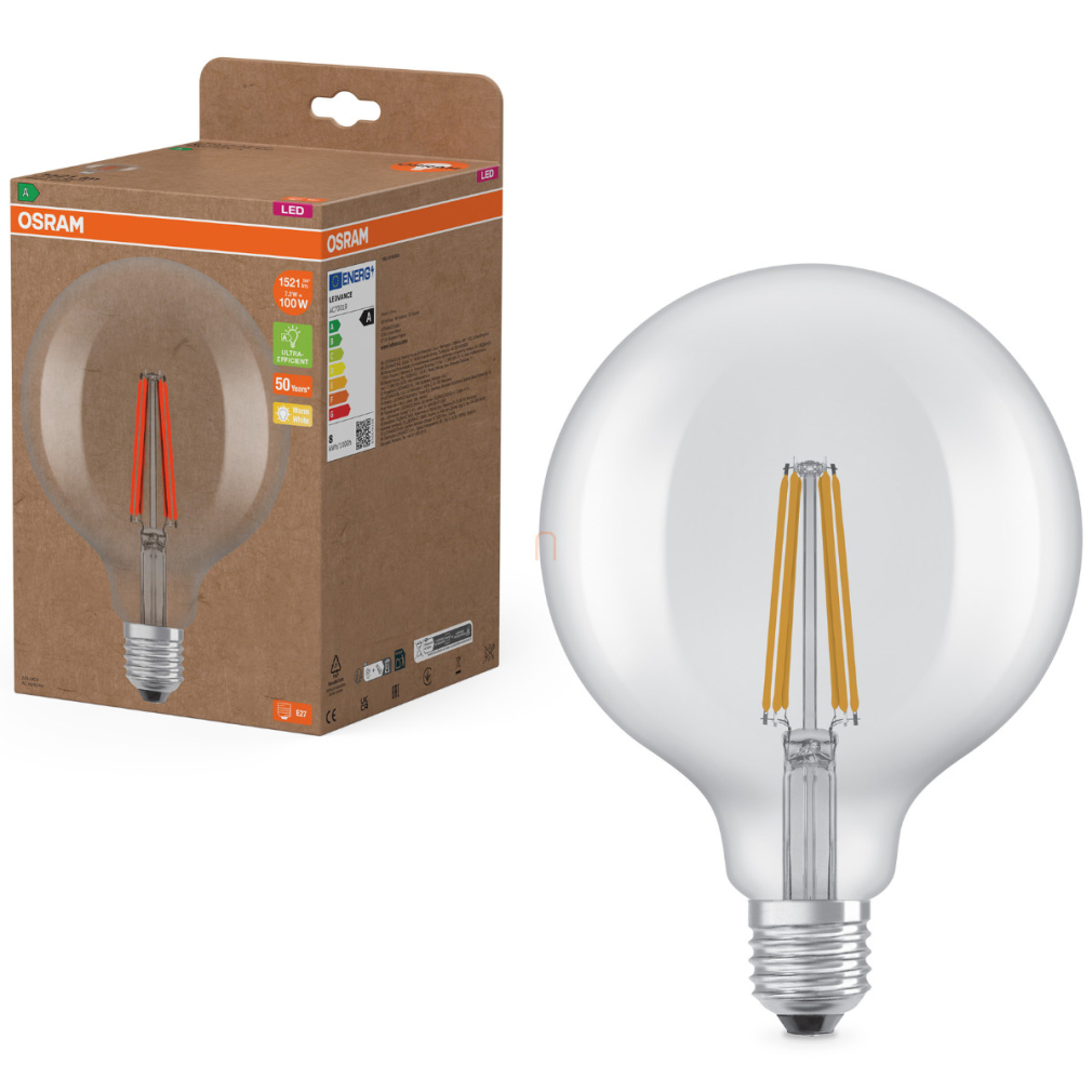 Osram E27 LED nagygömb, 7,2W, 1521 lm, 2700 K, melegfehér, áttetsző üveg-100 W izzó helyett - Superstar+ Classic Globe125 filament