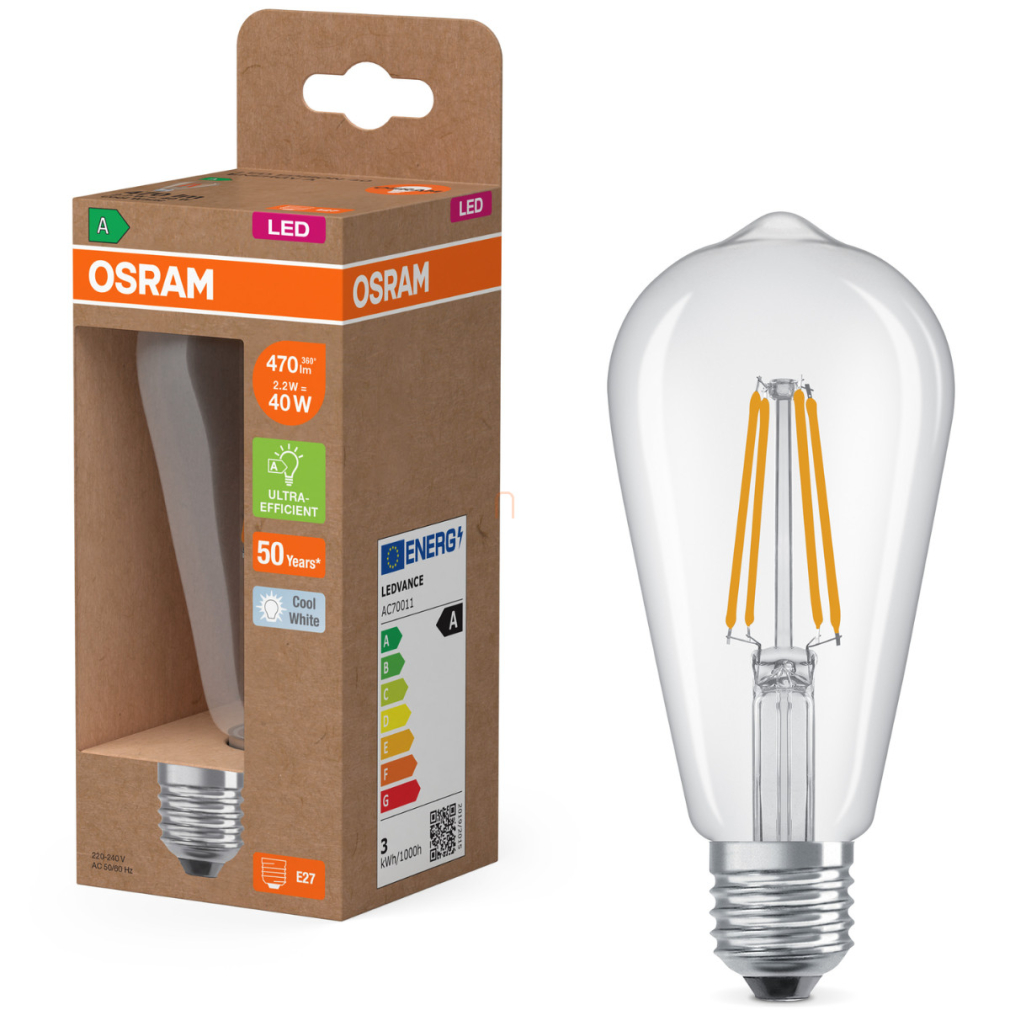 Osram E27 LED Edison 2,2W, 470 lm, 4000 K, hidegfehér, áttetsző üveg-40 W izzó helyett - Superstar+ Classic Edison filament