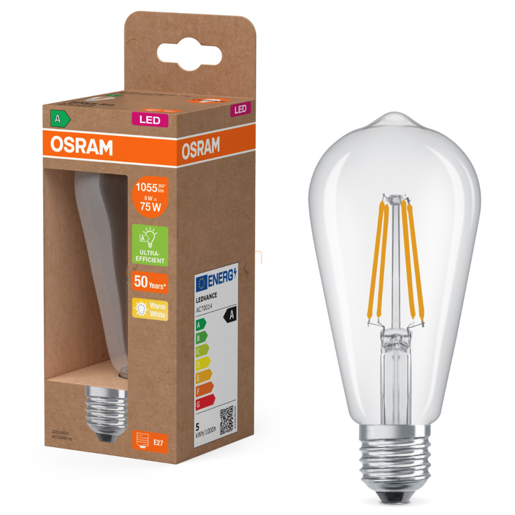 Osram E27 LED Edison, 5W, 1055 lm, 2700 K, melegfehér, áttetsző üveg-75 W izzó helyett - Superstar+ Classic Edison filament