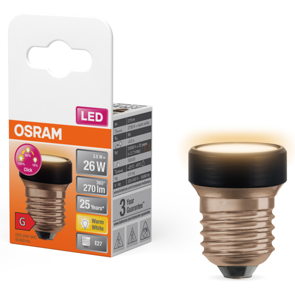 Osram E27 LED 3,5W, 270 lm, 2700 K, melegfehér, 3 lépésben dimmelhető, opál, fekete műanyag-25 W izzó helyett - Star Flat 3 Step DIM
