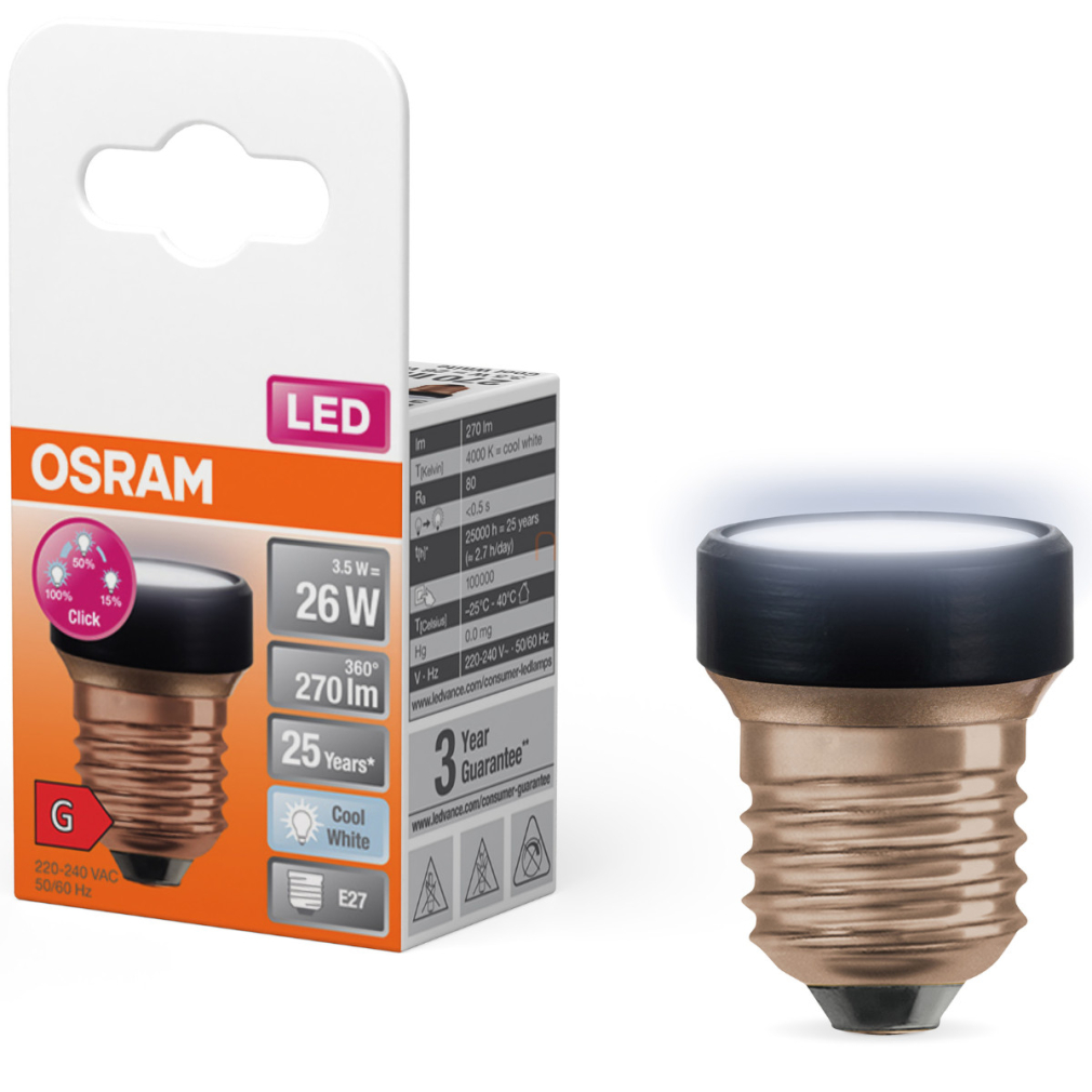 Osram E27 LED 3,5W, 270 lm, 4000 K, hidegfehér, 3 lépésben dimmelhető, opál, fekete műanyag-25 W izzó helyett - Star Flat 3 Step DIM