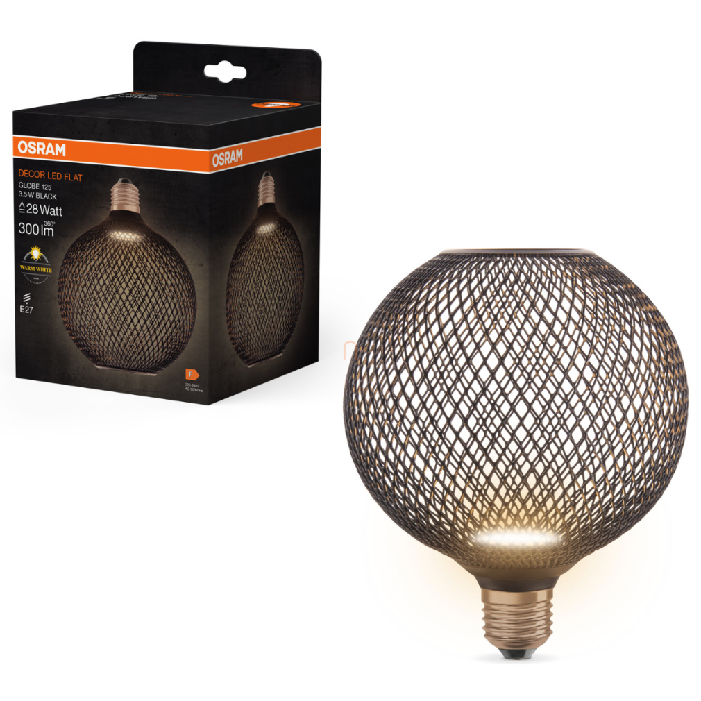 Osram E27 LED 3,5W, 300 lm, 2700 K, melegfehér, opál, fekete műanyag-25 W izzó helyett - Decor LED Flat Globe
