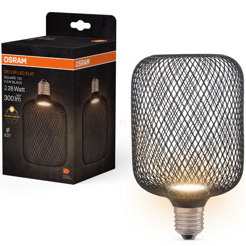 Osram E27 LED 3,5W, 300 lm, 2700 K, melegfehér, opál, fekete műanyag-25 W izzó helyett - Decor LED Flat Square