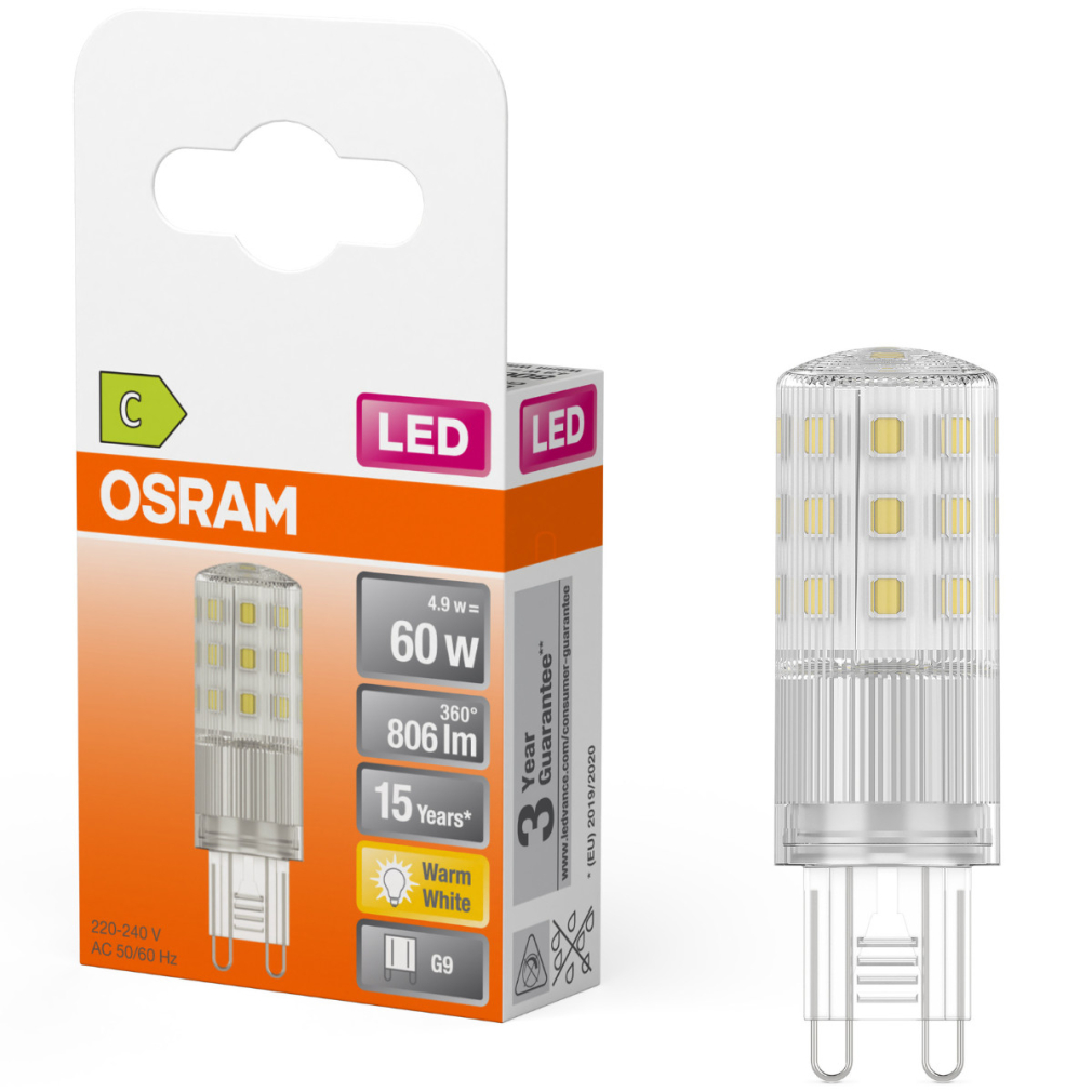 Osram G9 LED 4,9W, 806 lm, 2700 K, melegfehér, alumínium, műanyag-60 W izzó helyett - Special Pin Clear