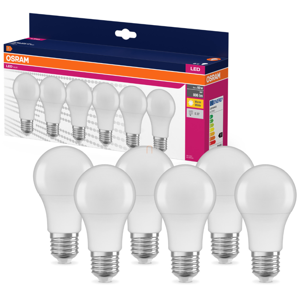Osram E27 LED 8W, 806 lm, 2700 K, melegfehér, opál műanyag-60 W normál izzó helyett, 6 darabos - Value Classic A