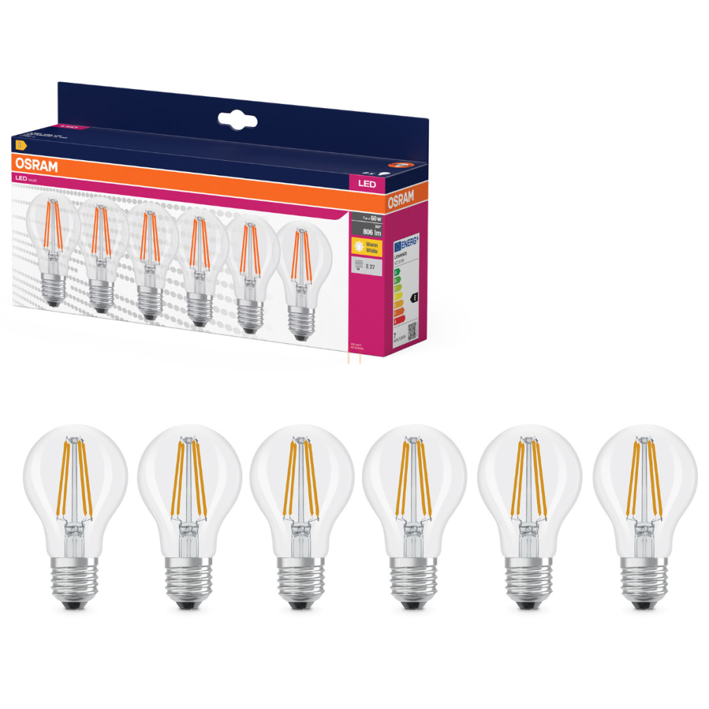 Osram E27 LED 7W, 806 lm, 2700 K, melegfehér, áttetsző üveg-60 W normál izzó helyett, 6 darabos - Value Classic A filament