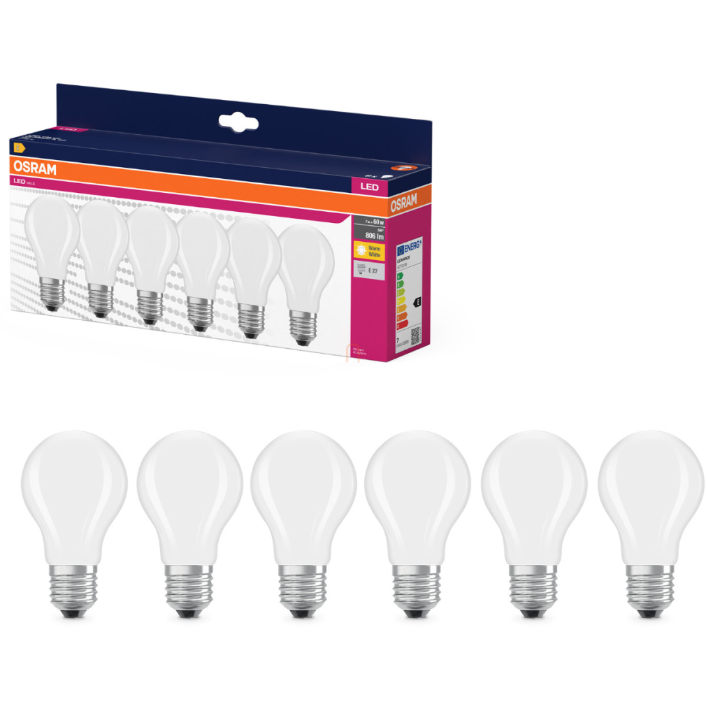Osram E27 LED 6,5W, 806 lm, 2700 K, melegfehér, opál üveg-60 W normál izzó helyett, 6 darabos - Value Classic A