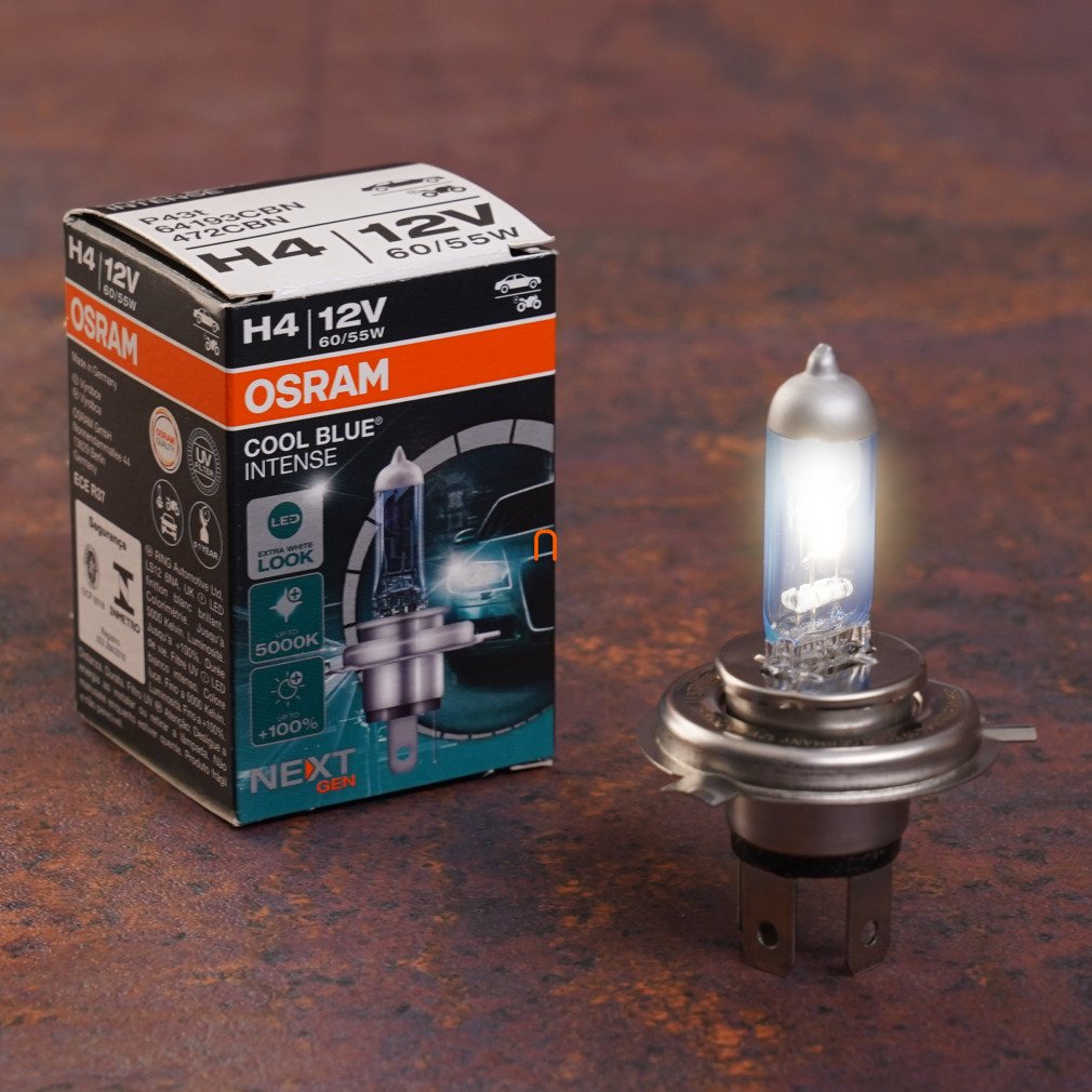Osram Cool Blue® Intense (Next Gen) H4 halogén fényszórólámpa, akár 100%-kal nagyobb fényerő, LED-es megjelenés, extra fehér fény, 12V, 60/55W, akár 5000K, 64193CBN-HCB, 1 darab/doboz