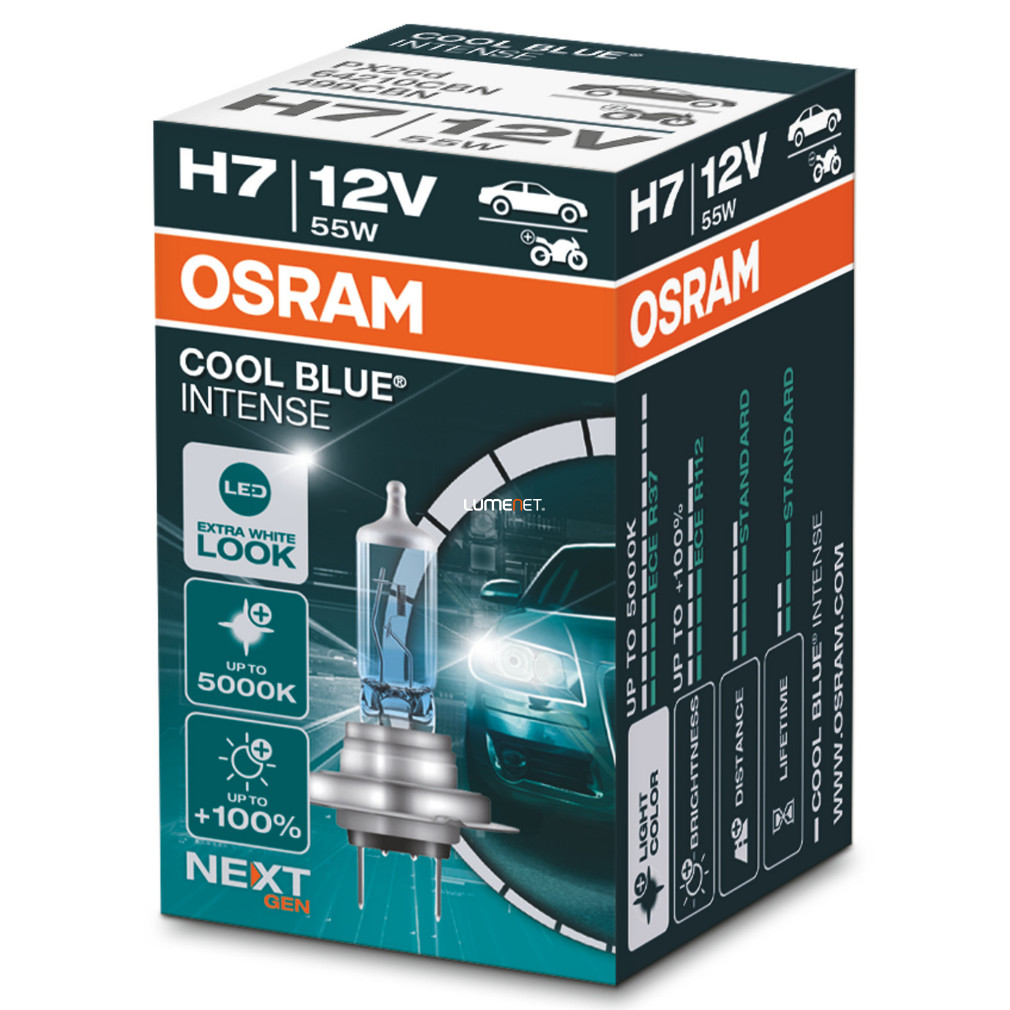 Osram Cool Blue® Intense (Next Gen) H7 halogén fényszórólámpa, akár 100%-kal nagyobb fényerő, LED-es megjelenés, extra fehér fény, 12V, 55W, akár 5000K, 64210CBN-HCB 1 darab/csomag