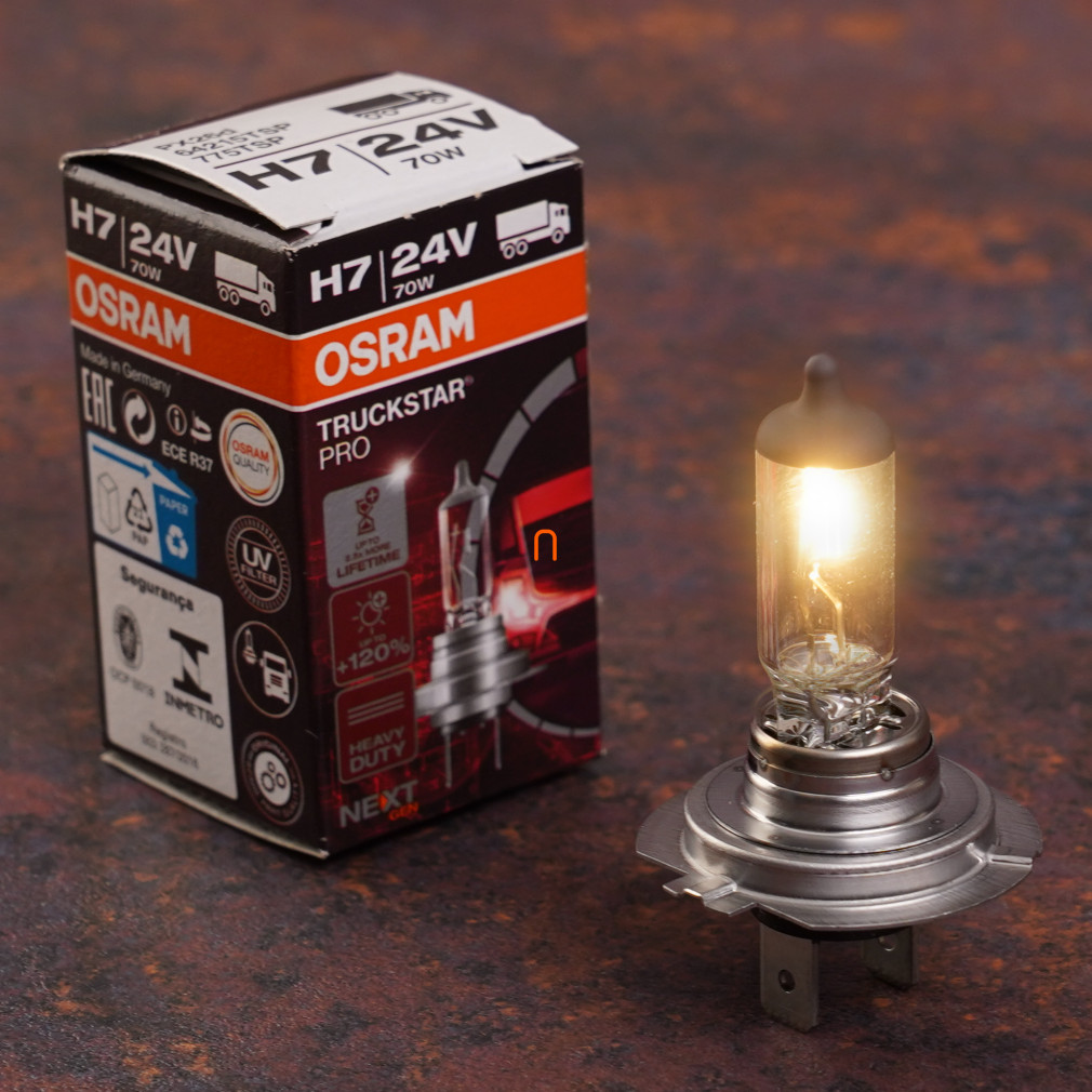 Osram Truckstar Pro H7 teherautó halogén fényszórólámpa, 24V, extra fényerő, hosszú élettartam és rezgésállóság, 64215TSP  Az Osram Truckstar Pro H7 halogén fényszórólámpa ideális választás minden teherautó-v, 1db/doboz