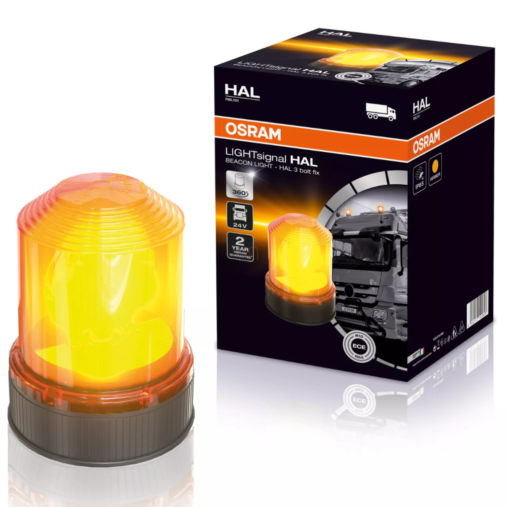 Az OSRAM LIGHTsignal HAL BEACON LIGHT professzionális, 360 fokban forgó, borostyánsárga halogén figyelmeztető lámpa, sárga villogó 24V, RBL101