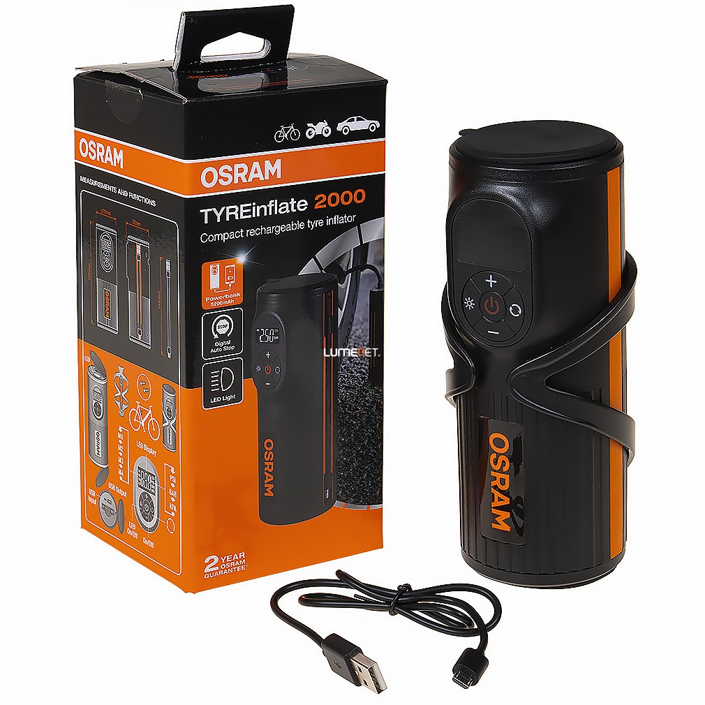 Osram Tyreinflate 2000, kompakt újratölthető akkumulátoros gumiabroncs kompresszor digitális kijelzővel, USB-ről tölthető powerbank funkcióval és LED világítással, OTIR2000, autóhoz, kerékpárhoz (OTIR2000)