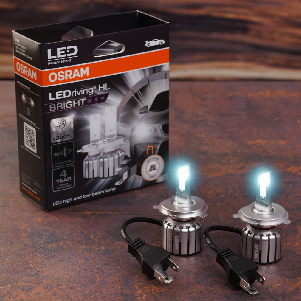 Osram LEDriving HL Bright +300% H4/H19 autós LED tompított, távolsági és ködlámpa szett, 6000K színhőmérséklet, 1400/1100 lumen fényáram, P43t foglalat, 64193DWBRT-2HFB, 2db/csomag