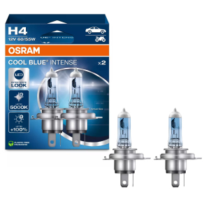   Osram Cool Blue® Intense (Next Gen) H4 halogén fényszórólámpa, akár 100%-kal nagyobb fényerő, LED-es megjelenés, extra fehér fény, 12V, 60/55W, akár 5000K, 64193CBN-2HB 2db/csomag