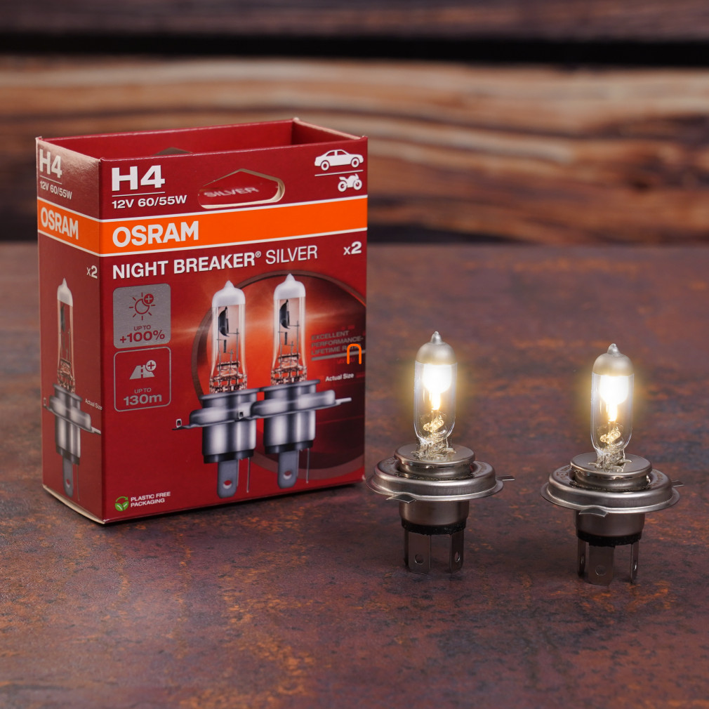 Osram Night Breaker Silver H4 autólámpa, akár 100% több fény, 130 méteres fénykéve, hosszú élettartam, 1650/1000 lumen, 12 V, P43t, megbízható minőség, 64193NBS-2HB, 2 darab/csomag
