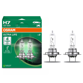   Osram Ultra Life H7 halogén fényszórólámpa, 12V, 1500 lumen, hosszú élettartam akár négyszeres, ezüst fej, 64210ULT-2HB, 2db/doboz