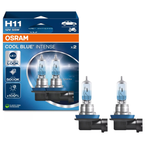   Osram Cool Blue® Intense (Next Gen) H11 halogén fényszórólámpa, akár 100%-kal nagyobb fényerő, LED-es megjelenés, extra fehér fény, 12V, 55W, akár 5000K, 64211CBN-2HB 2db/csomag