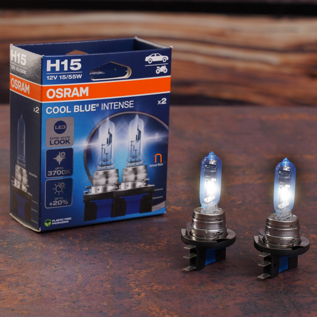 Osram Cool Blue® Intense (Next Gen) H15 halogén fényszórólámpa, akár 20%-kal nagyobb fényerő, LED-es megjelenés, extra fehér fény, 12V, 15/55W, akár 3700K, 64176CBN-2HB 2 darab/csomag