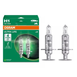   Osram Ultra Life H1 halogén fényszórólámpa, 12V, 3200 K, 1550 lumen, akár négyszer hosszabb élettartam, megbízható választás mindennapi vezetéshez, 64150ULT-2HB, 2db/doboz