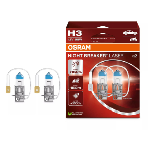   Osram Night Breaker Laser H3 halogén fényszórólámpa, 12 V, 55 W, 1450 lm, PK22s foglalat, akár +150% fényerő, 64151NL-2HB, 2db/csomag
