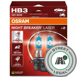   Osram Night Breaker Laser HB3 halogén fényszóró izzó, közúton legálisan használható, akár 150%-kal nagyobb fényerő, 3200 K színhőmérséklet, 9005NL-2HB, 2db/csomag