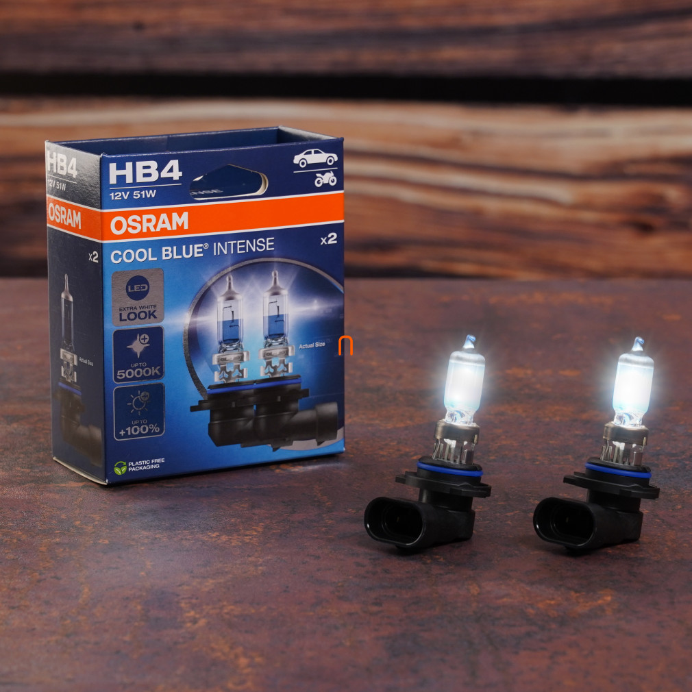 Osram Cool Blue® Intense (Next Gen) HB4 halogén fényszórólámpa, akár 100%-kal nagyobb fényerő, LED-es stílus, extra fehér fény, 12V, 51W, akár 5000K, 9006CBN-2HB 2db/csomag